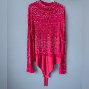 Rhinestone Bling Long Sleeve Neon Pink Barbie Core Bodysuit 3X